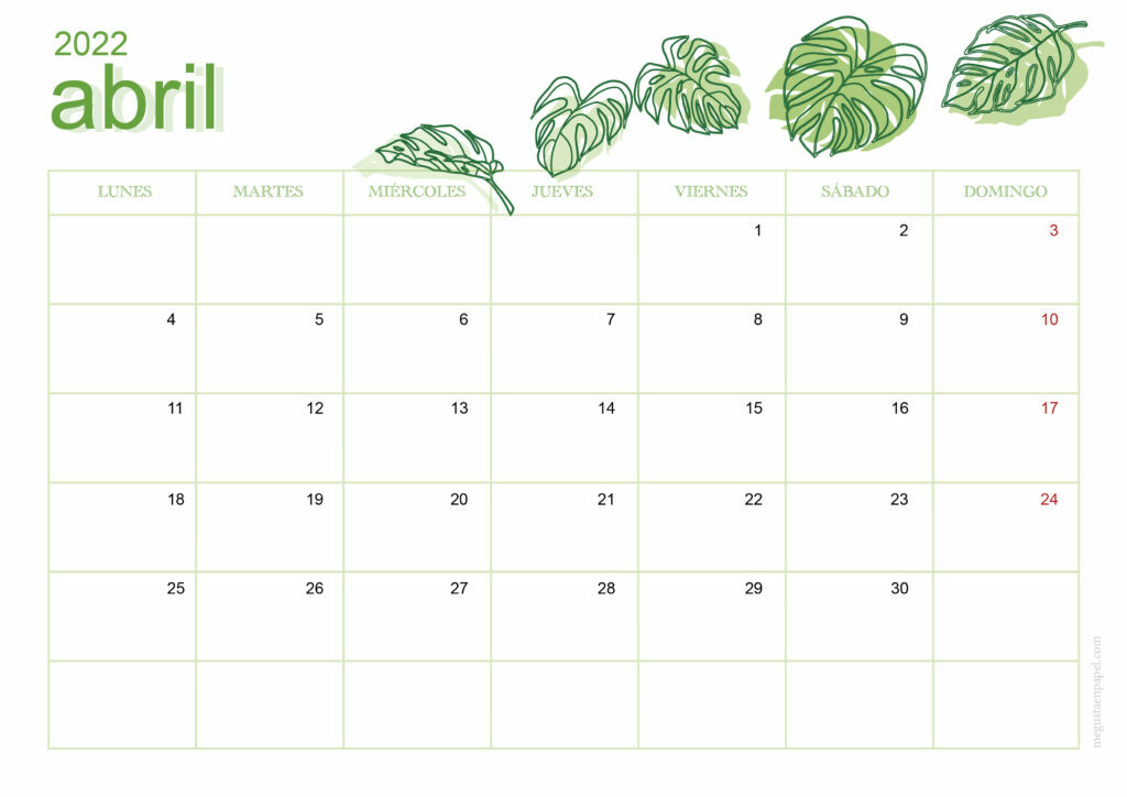 calendario abril 2022 'hojas'