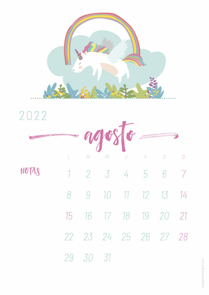 calendario agosto 2022 'unicornio'