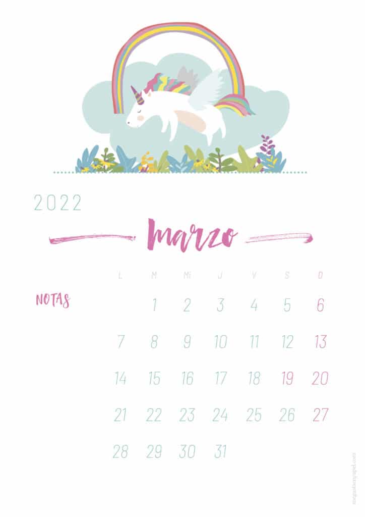 calendario marzo 2022 'unicornio'