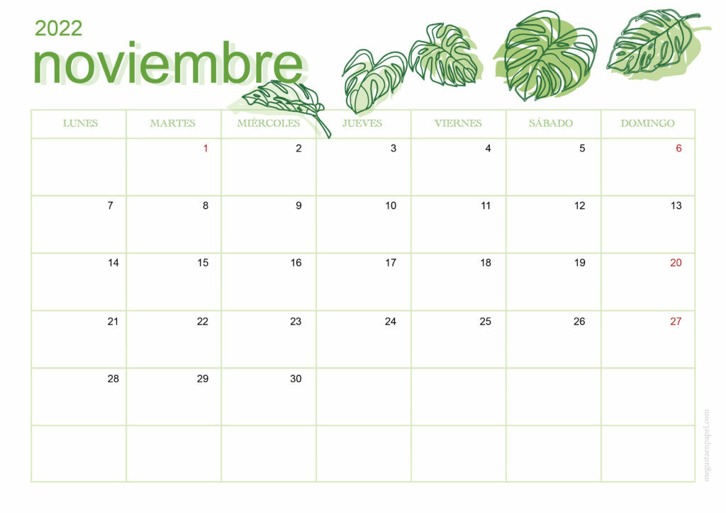 calendario noviembre 2022 'hojas'