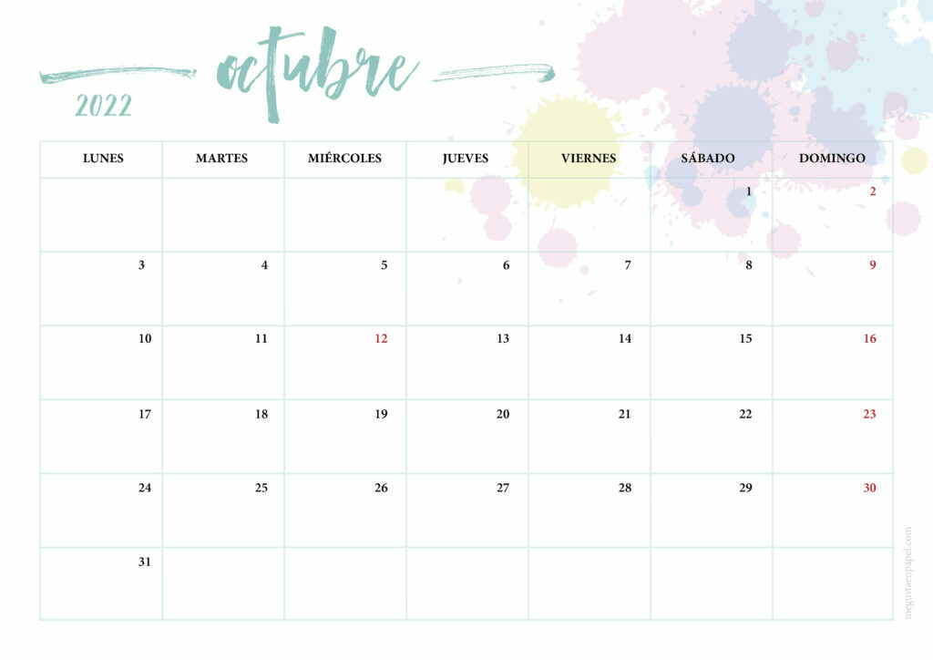 calendario octubre 2022 'gotas de tinta'