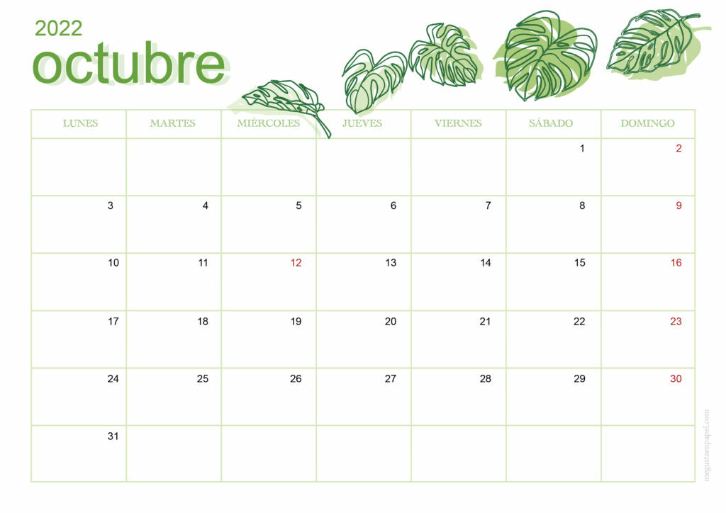 calendario octubre 2022 'hojas'