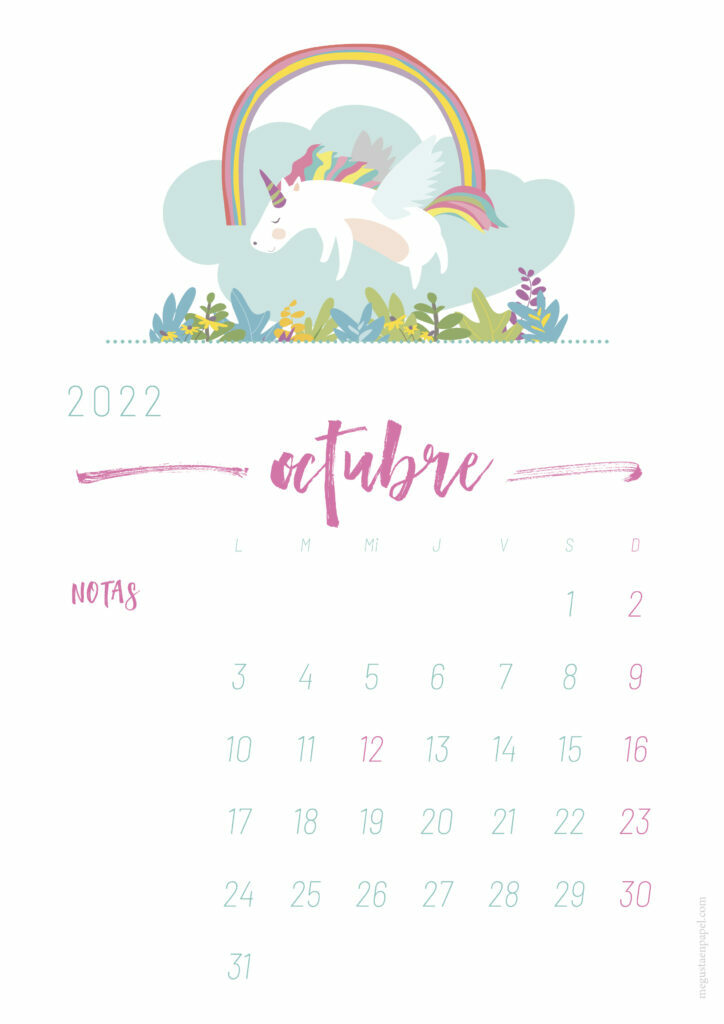 calendario octubre 2022 'unicornio'