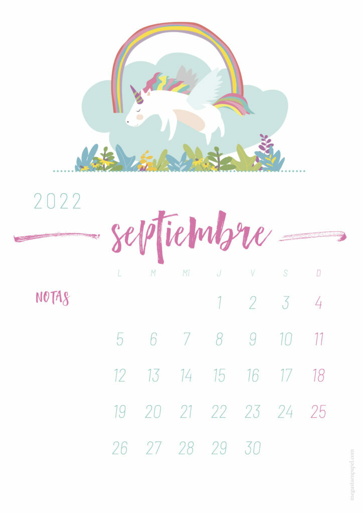 calendario septiembre 2022 'unicornio'