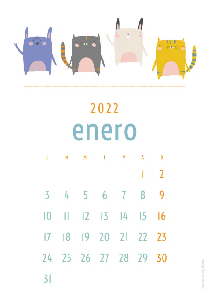 calendario enero 2022 'perros y gatos'