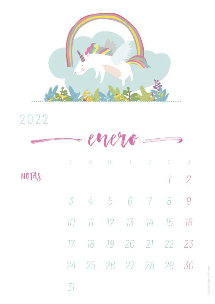 calendario enero 2022 'unicornio'