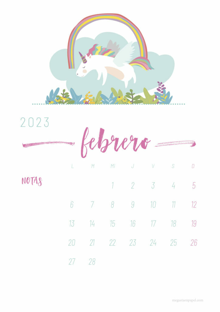 calendario febrero 2023 'unicornio'