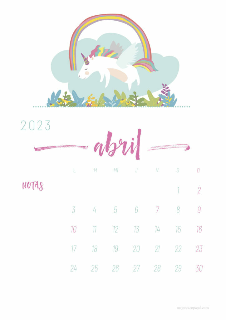 calendario abril 2023 'unicornio'