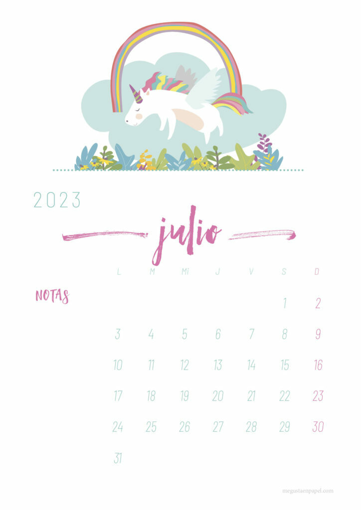 calendario julio 2023 'unicornio'