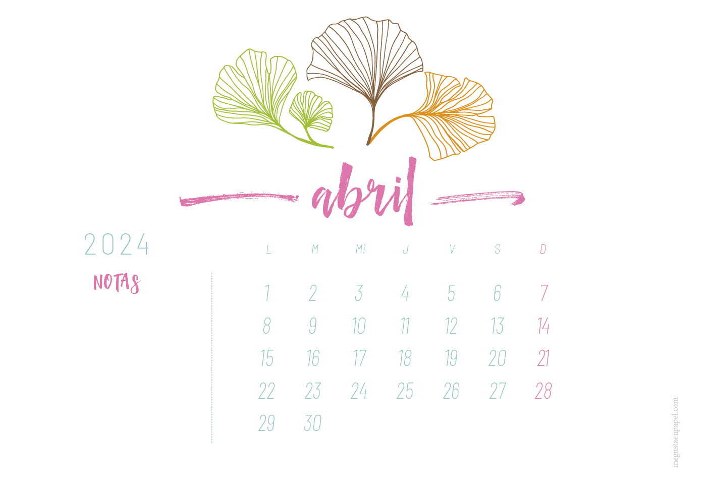 calendario abril 2023 'hojas'