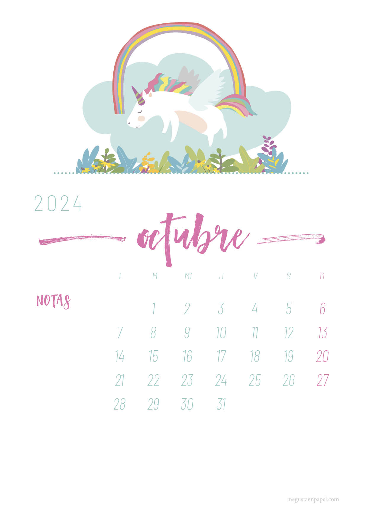 calendario octubre 2023 'unicornio'