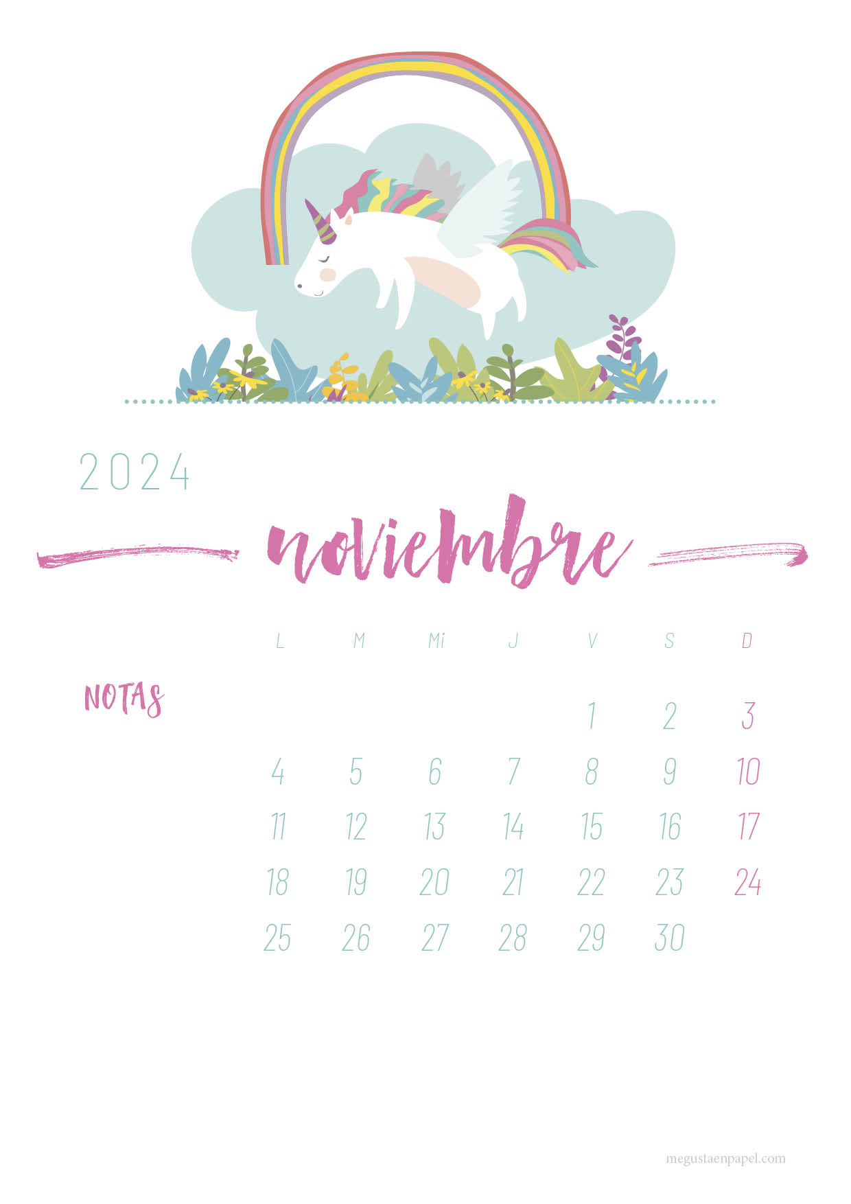 calendario noviembre 2023 'unicornio'