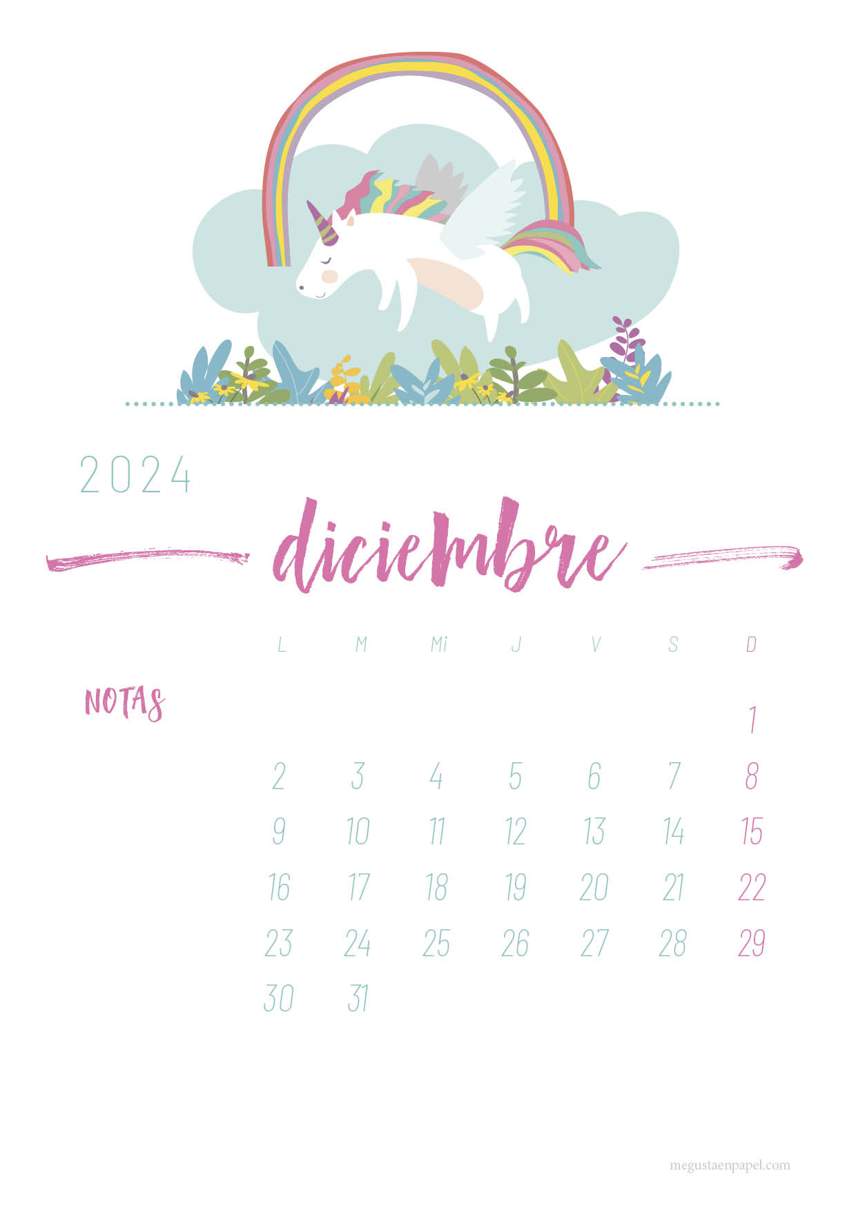 calendario diciembre 2023 'unicornio'