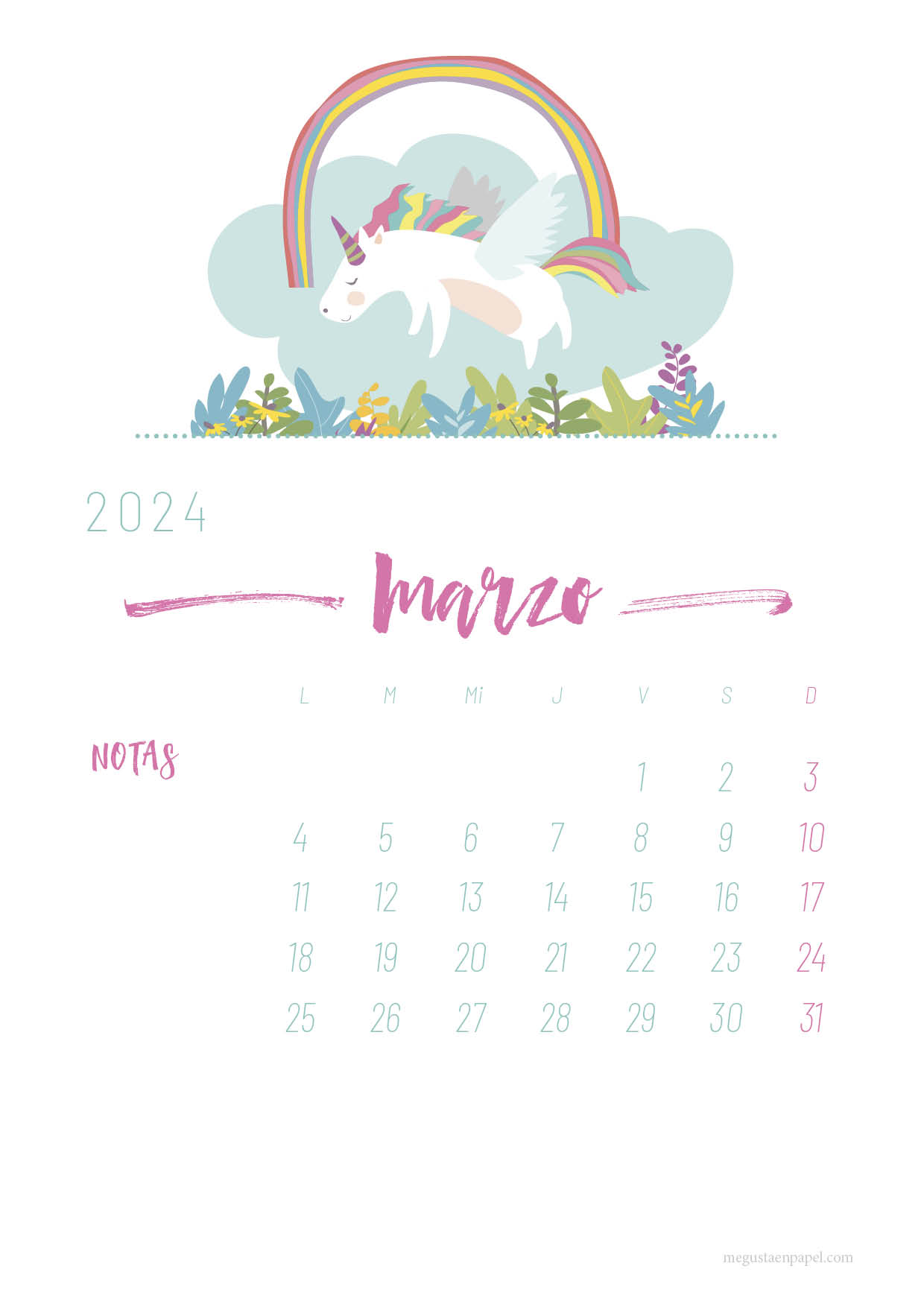 calendario marzo 2023 'unicornio'